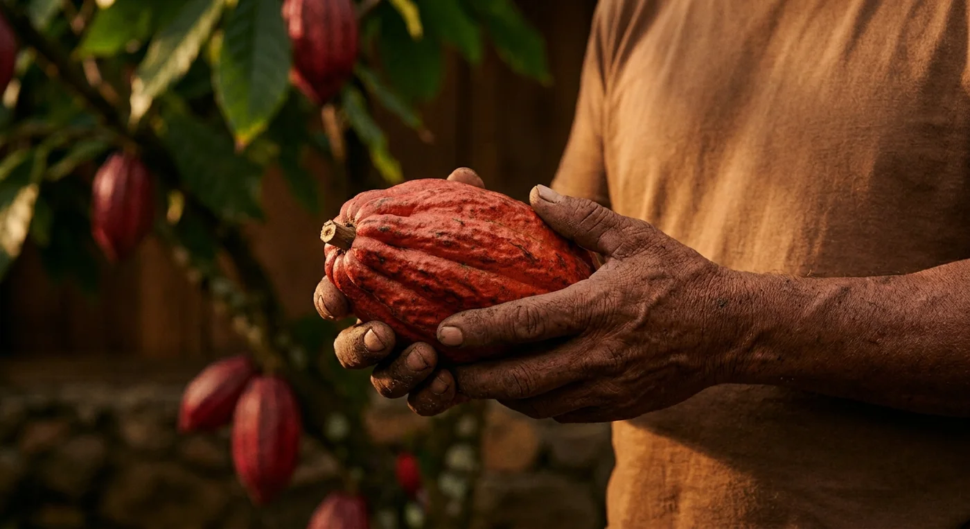 Cacao cosechado a mano en la finca MAWA, Puerto Quito