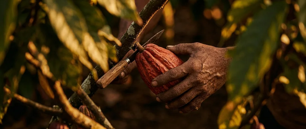 Cosecha y selección manual de mazorcas de cacao